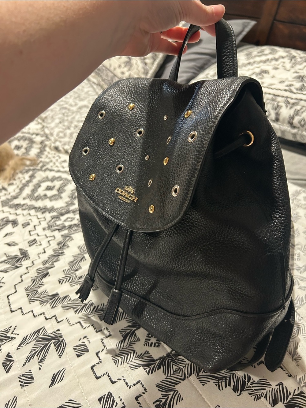 Coach Black Pebbled Leather Grommet Drawstring Backpack - Picture 11 of 11
